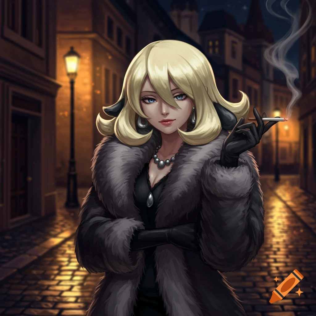 Cynthia from Pokemon in a fur coat smoking a cigarette on a dark city street at night in anime style.