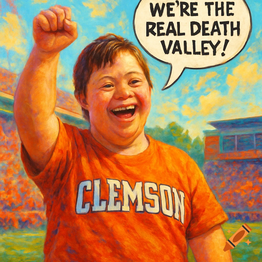Painterly portrait of a joyful person with Down Syndrome in a Clemson shirt, raising a fist, with a speech bubble saying 'WE'RE THE REAL DEATH VALLEY!' at a stadium.