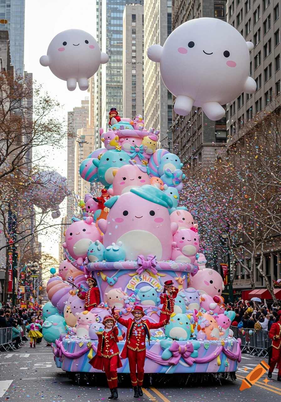 A colorful Squishmallows parade float with smiling characters and performers in red outfits, surrounded by confetti on a city street during a parade.