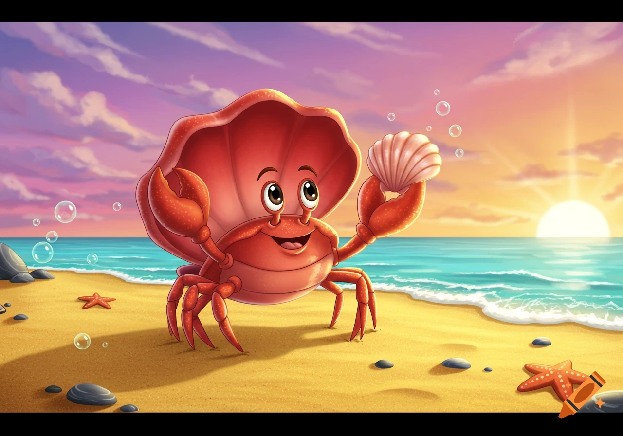 A happy cartoon crab holding a seashell on a sandy beach with the ocean and a sunset in the background.