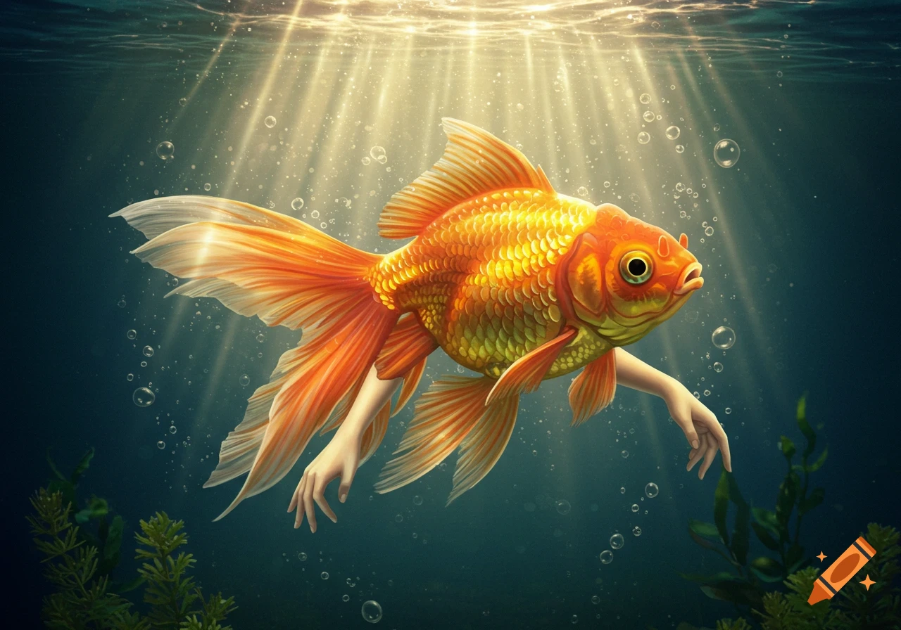 A golden goldfish with human arms swims underwater, with sunbeams filtering from the surface.