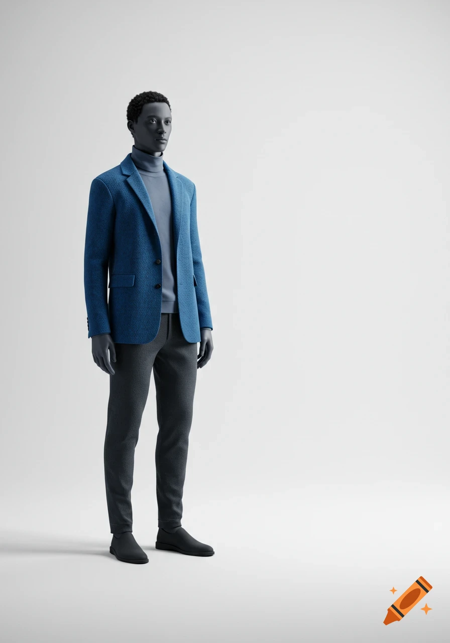 Mannequin in a blue blazer and grey turtleneck, grey pants, and black shoes on a white background.