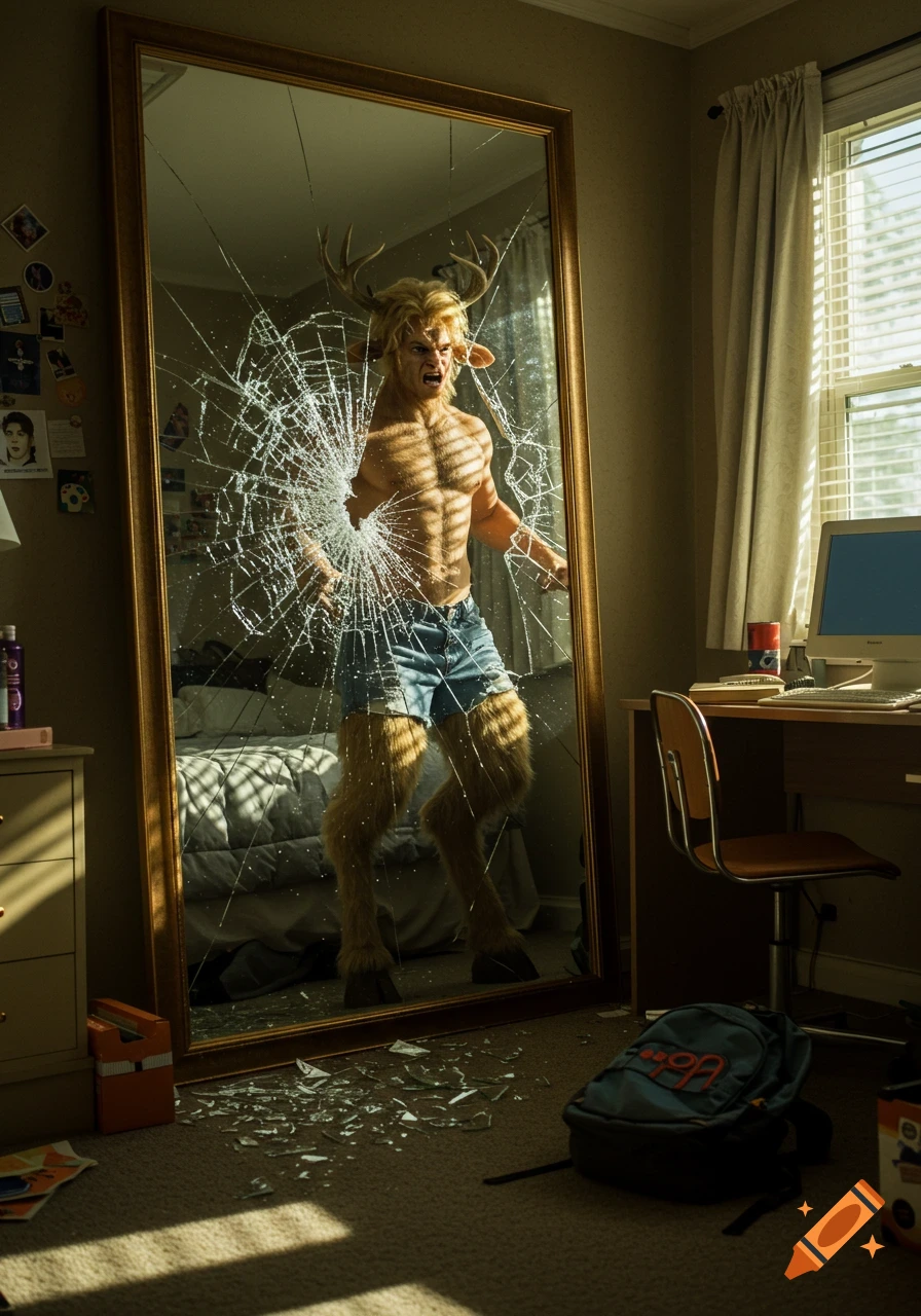 A muscular satyr with blond hair, antlers, and furry legs smashes a full-length mirror in a bedroom, with glass shards scattering. A desk with a computer and a backpack are visible.