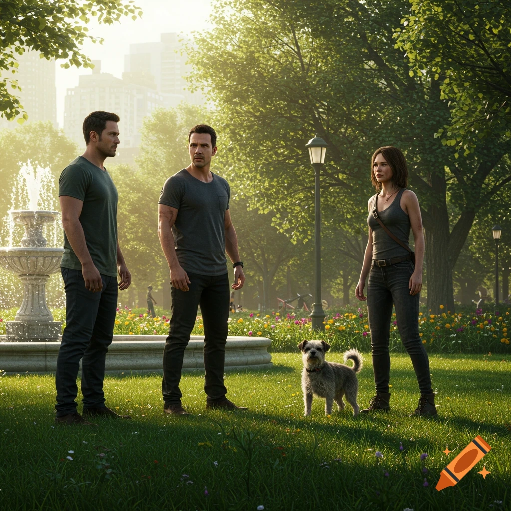 Two men and a woman stand in a sunny park with a small dog between them, near a fountain.