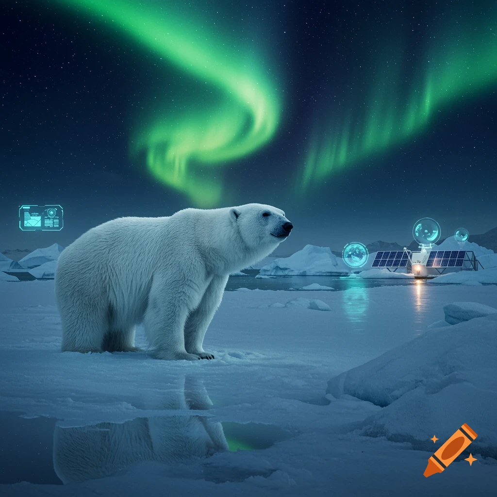 A photorealistic polar bear stands on an icy landscape at night under green aurora borealis, with futuristic tech structures nearby.
