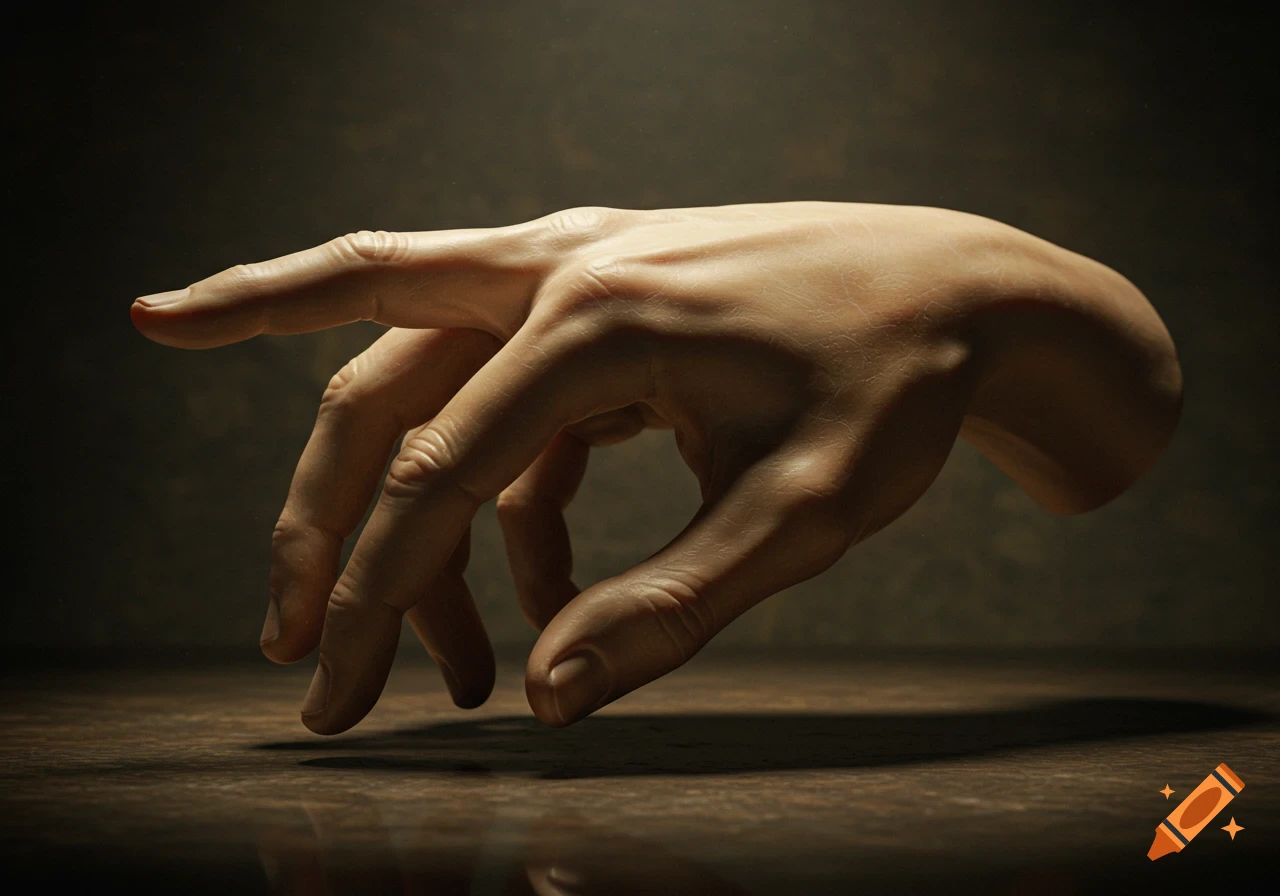 A detailed, photorealistic image of a human hand poised over a dark, textured surface, illuminated by dramatic lighting.