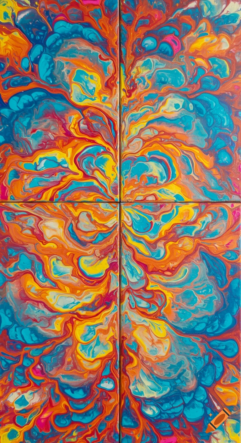 Vibrant abstract fluid painting in orange, blue, yellow, and pink, divided into four panels.