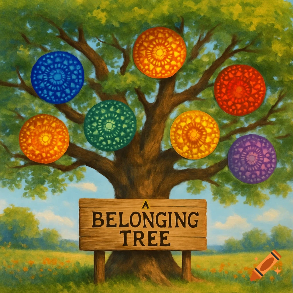 A vibrant illustration of a tree with seven colorful, patterned circles hanging from its branches and a wooden sign that says "A BELONGING TREE" in a green field.