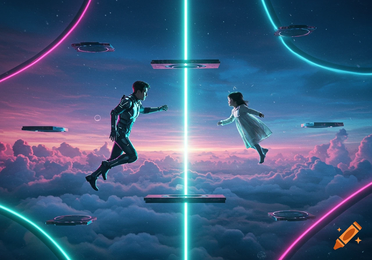 A man in a futuristic suit and a child float towards each other in a vibrant, neon-lit sky with clouds and glowing platforms.