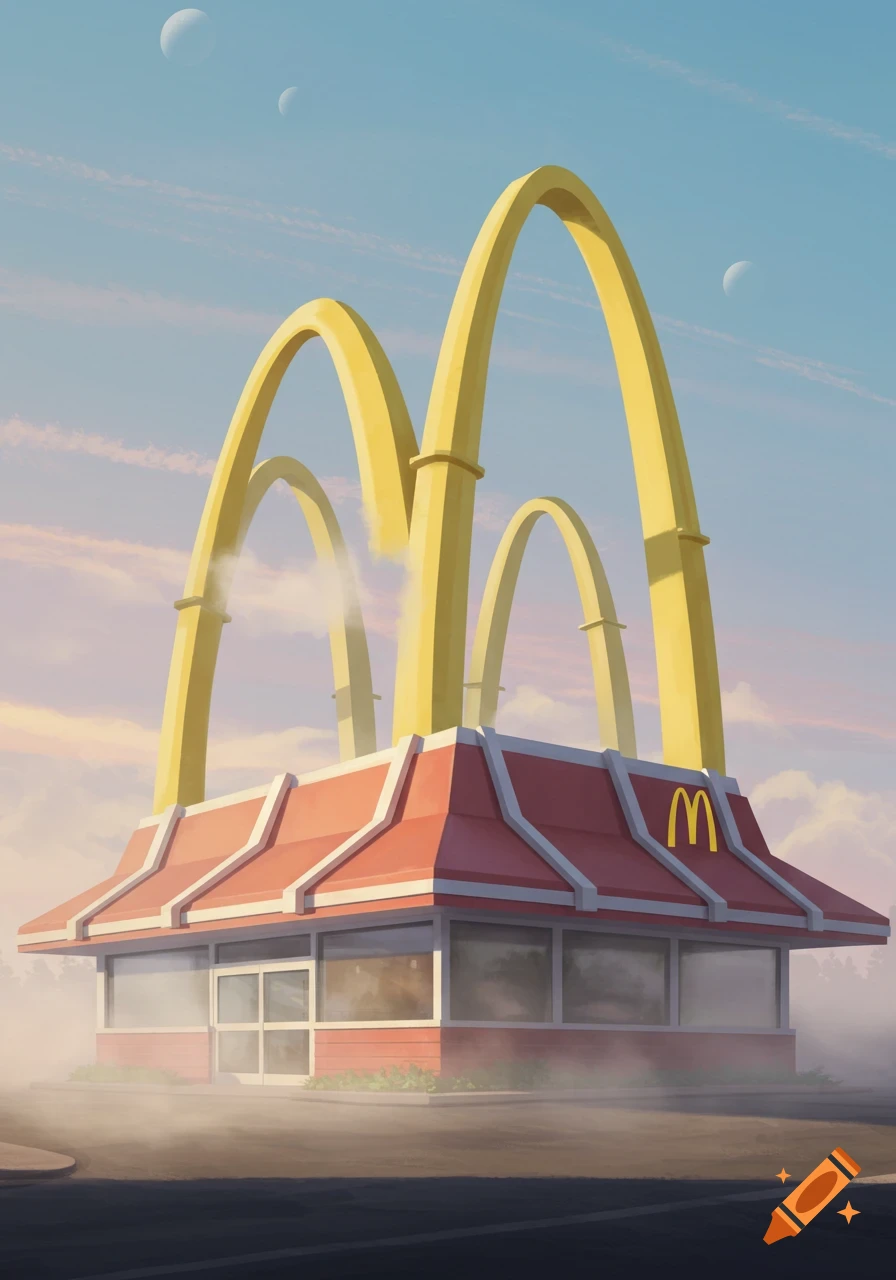 A stylized McDonald's building with multiple large golden arches reaching into a misty blue sky with two moons, rendered artfully.