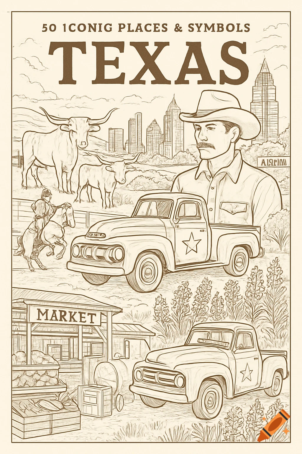 A sepia-toned coloring book illustration featuring Texas symbols like longhorn cattle, a cowboy, a vintage pickup truck, a market stall, and city skylines. Text reads "50 ICONIC PLACES & SYMBOLS TEXAS" and "MARKET."