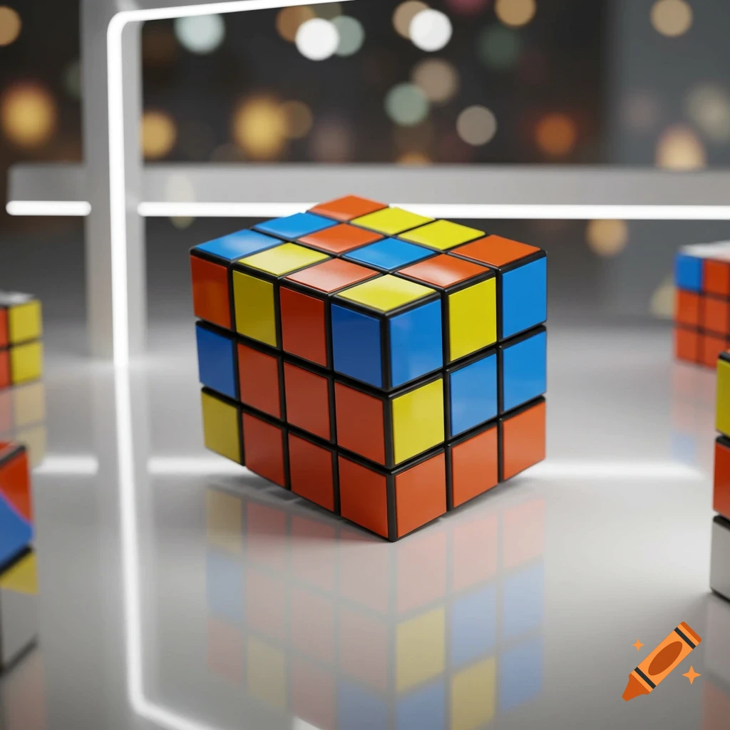 A photorealistic Rubik's cube with orange, yellow, and blue faces, reflected on a shiny surface.
