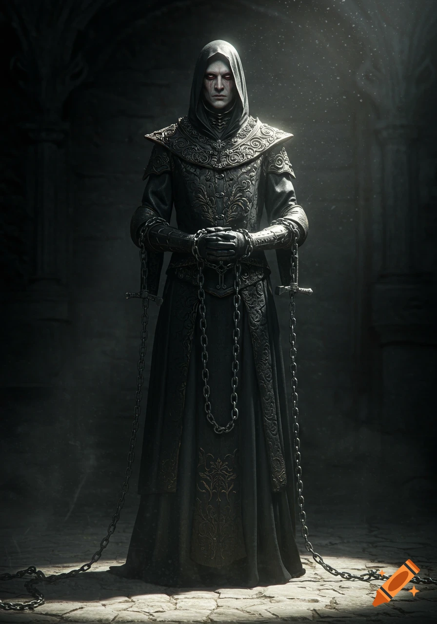 A mysterious hooded figure in ornate dark armor with chains stands in a gothic chamber.