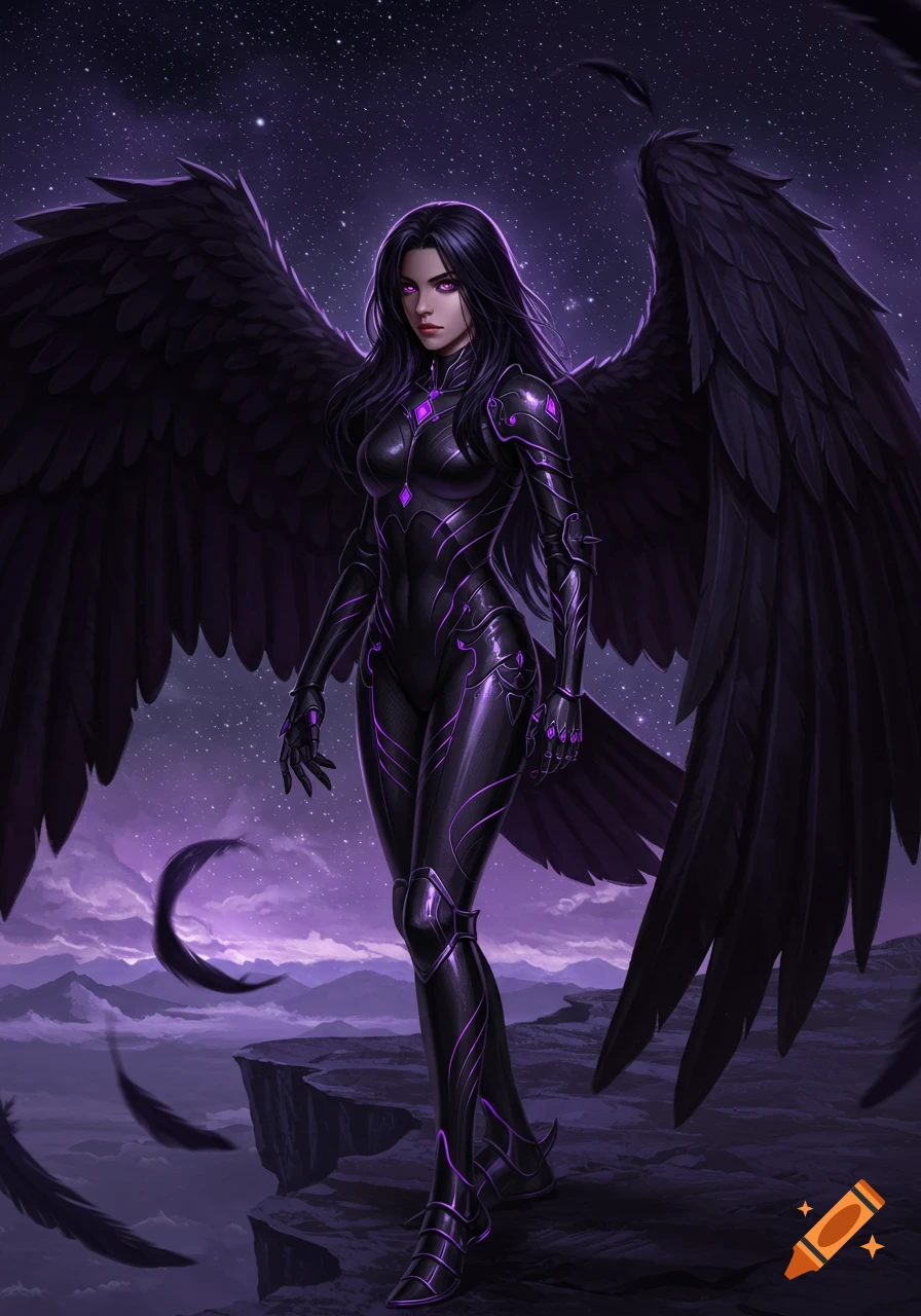 A dark-haired woman with large black feathered wings and a black armored suit with purple details stands on a rocky cliff under a starry purple night sky.