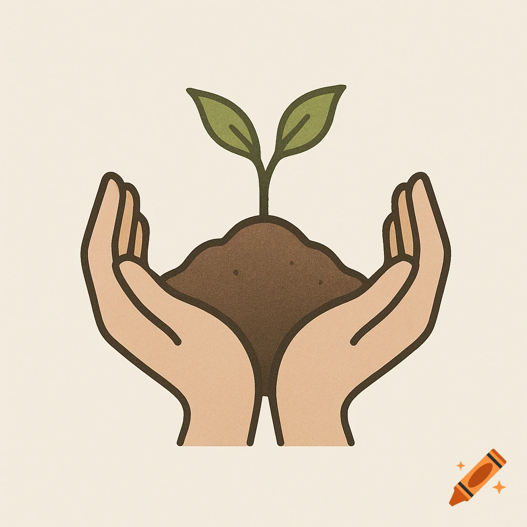 A stylized illustration of two hands cupping a mound of soil with a green sprout.