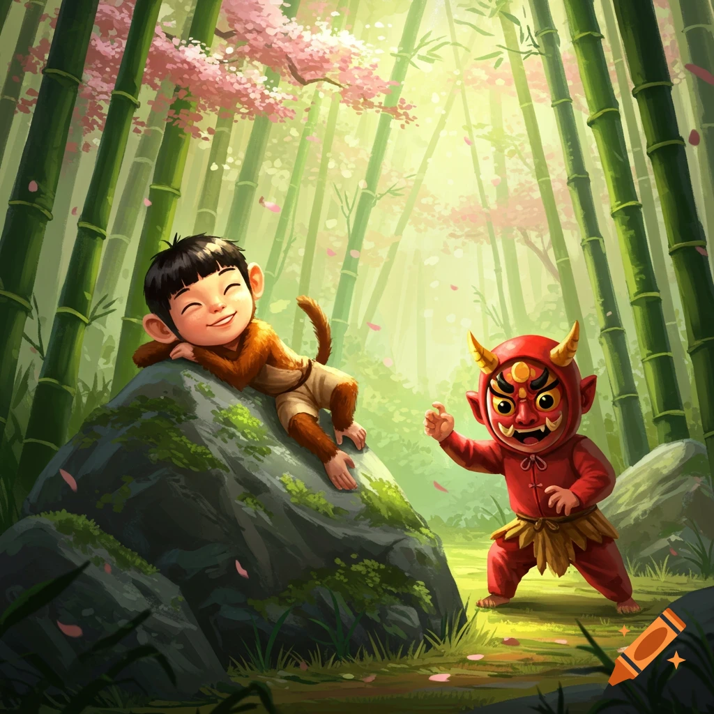 A smiling child dressed as a monkey lies on a rock, while another child in a red demon costume stands in a lush bamboo forest with pink blossoms.