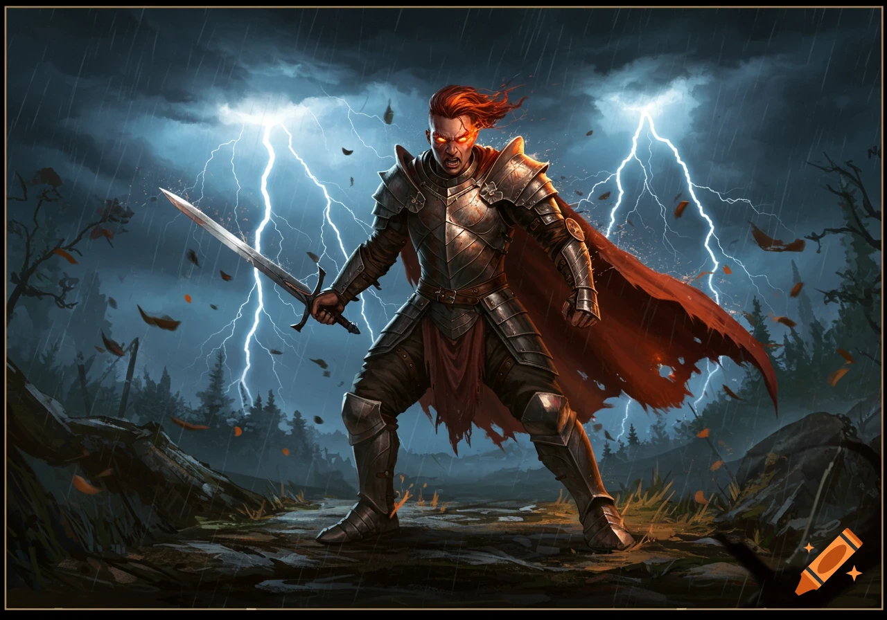 A fierce warrior in detailed armor and a torn red cape stands with a sword amidst a stormy, lightning-filled landscape with rain and falling leaves, his eyes glowing red.