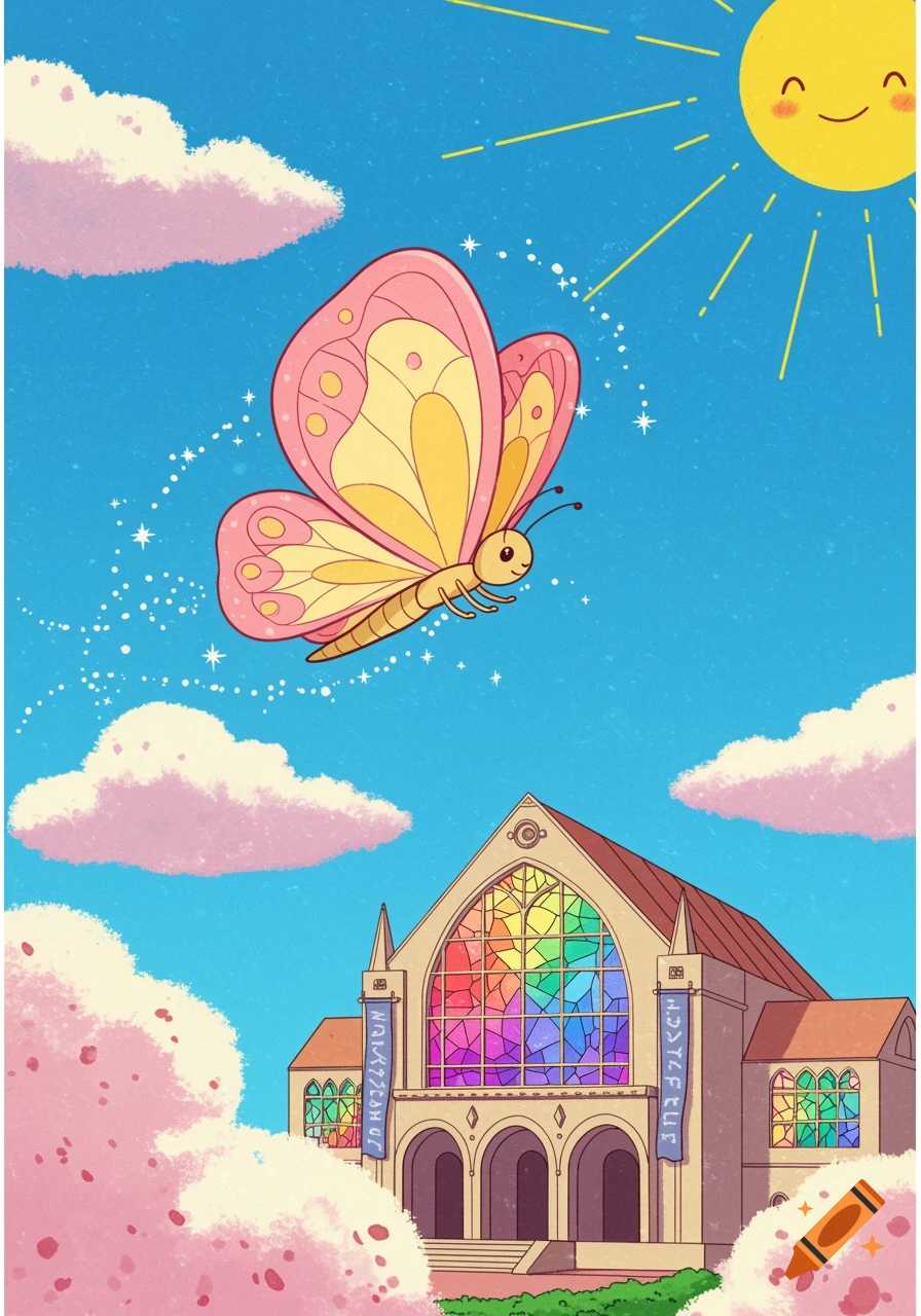 A cartoon butterfly with pink and yellow wings flies over a building with a rainbow stained-glass window under a smiling sun.