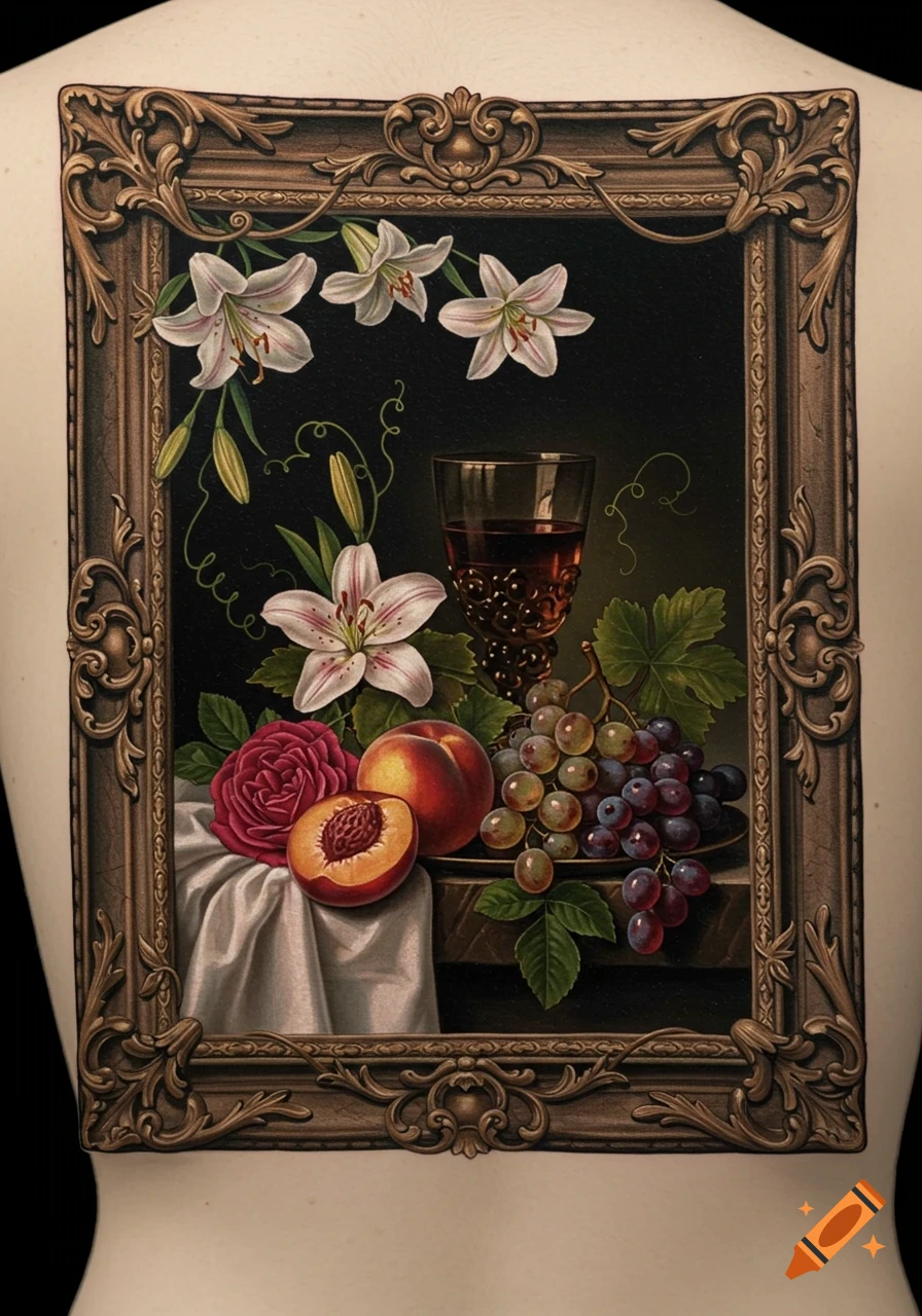 A realistic tattoo of a framed still life with white lilies, a red rose, peaches, grapes, and a wine glass, on a person's back.