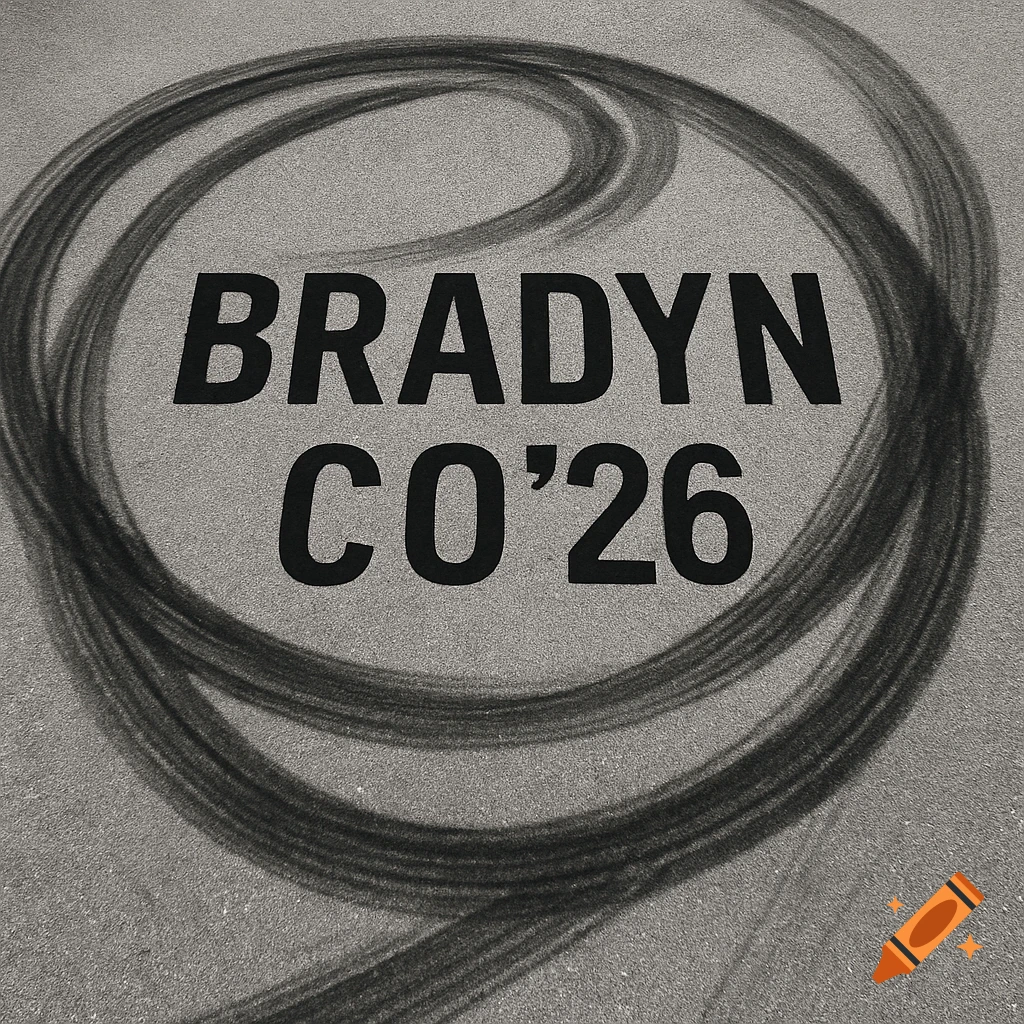 A gray asphalt parking spot design with black car burnout marks forming a circle around the text 'BRADYN CO’26' in black.