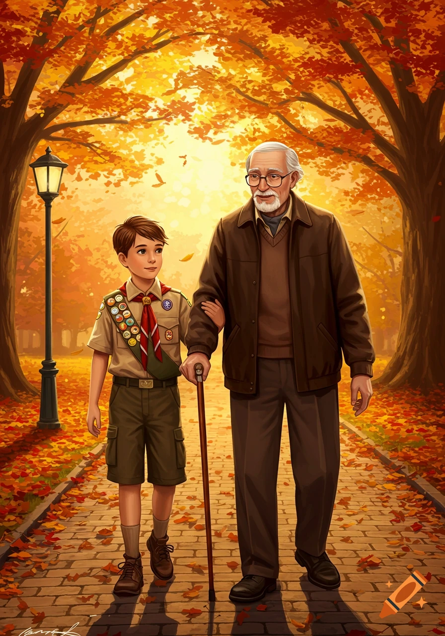 A boy scout and an old man walk arm-in-arm on a brick path through an autumn park with colorful trees.