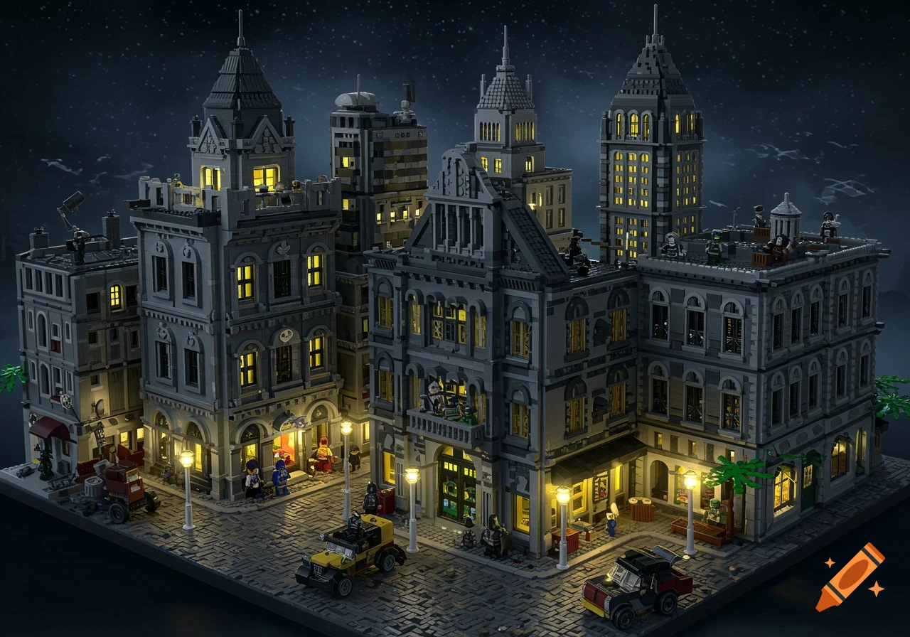 A high-detail Lego cityscape at night, featuring illuminated Gothic-style buildings, streetlights, vehicles, and minifigures under a starry sky.