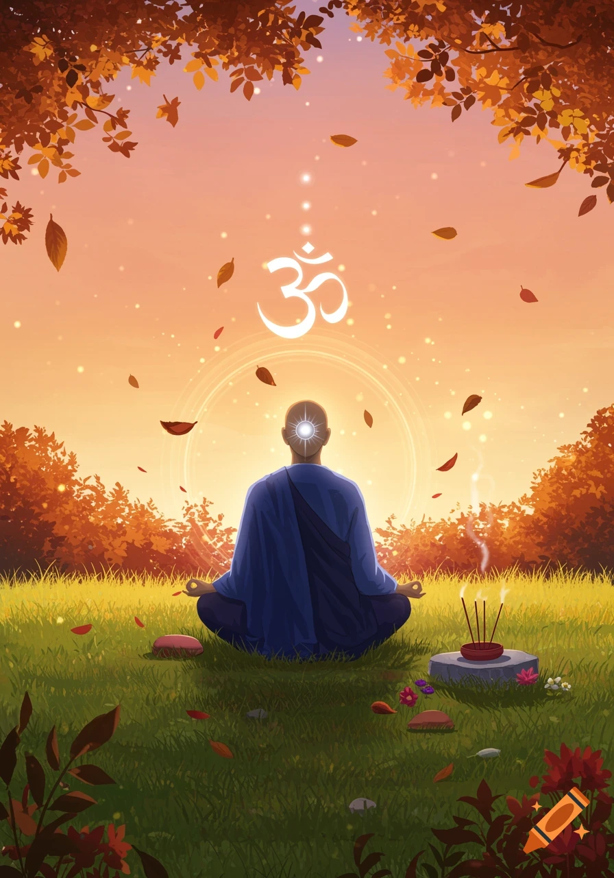 A person meditates in the lotus position in a vibrant autumn setting, with falling leaves and an glowing Om symbol above them.