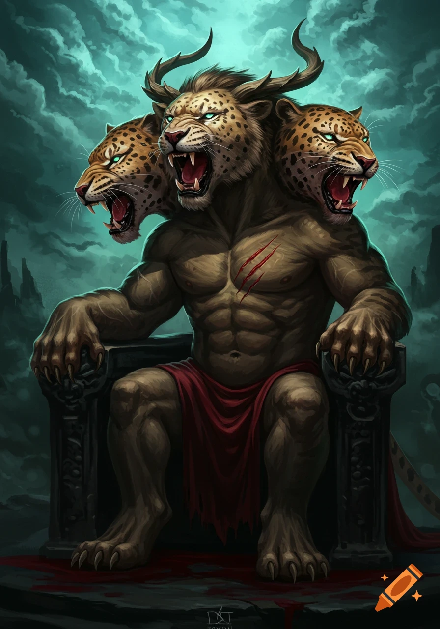 A powerful three-headed leopard beast with a human body and bear feet sits on a throne, with claw marks and blood, in a dark fantasy setting.