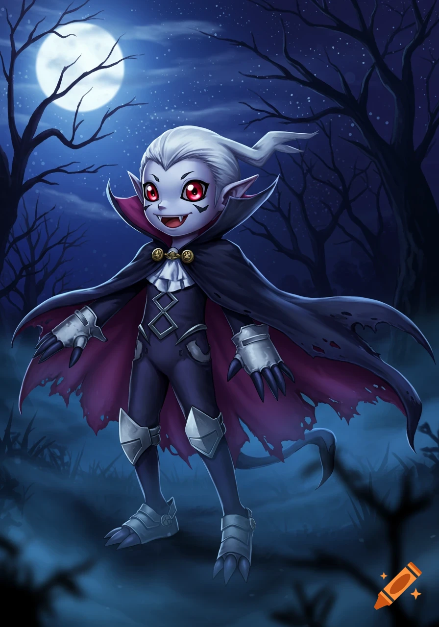 A cartoon child vampire with white hair, red eyes, and fangs, wearing a dark cape, stands in a spooky forest under a full moon.