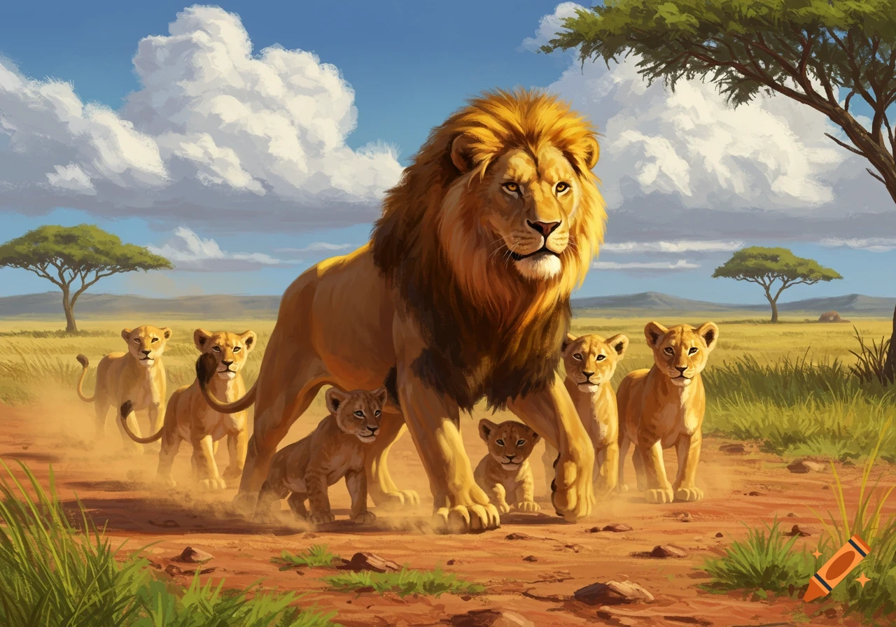 A proud male lion leads lionesses and cubs across a dusty savanna under a cloudy sky in a painted style.