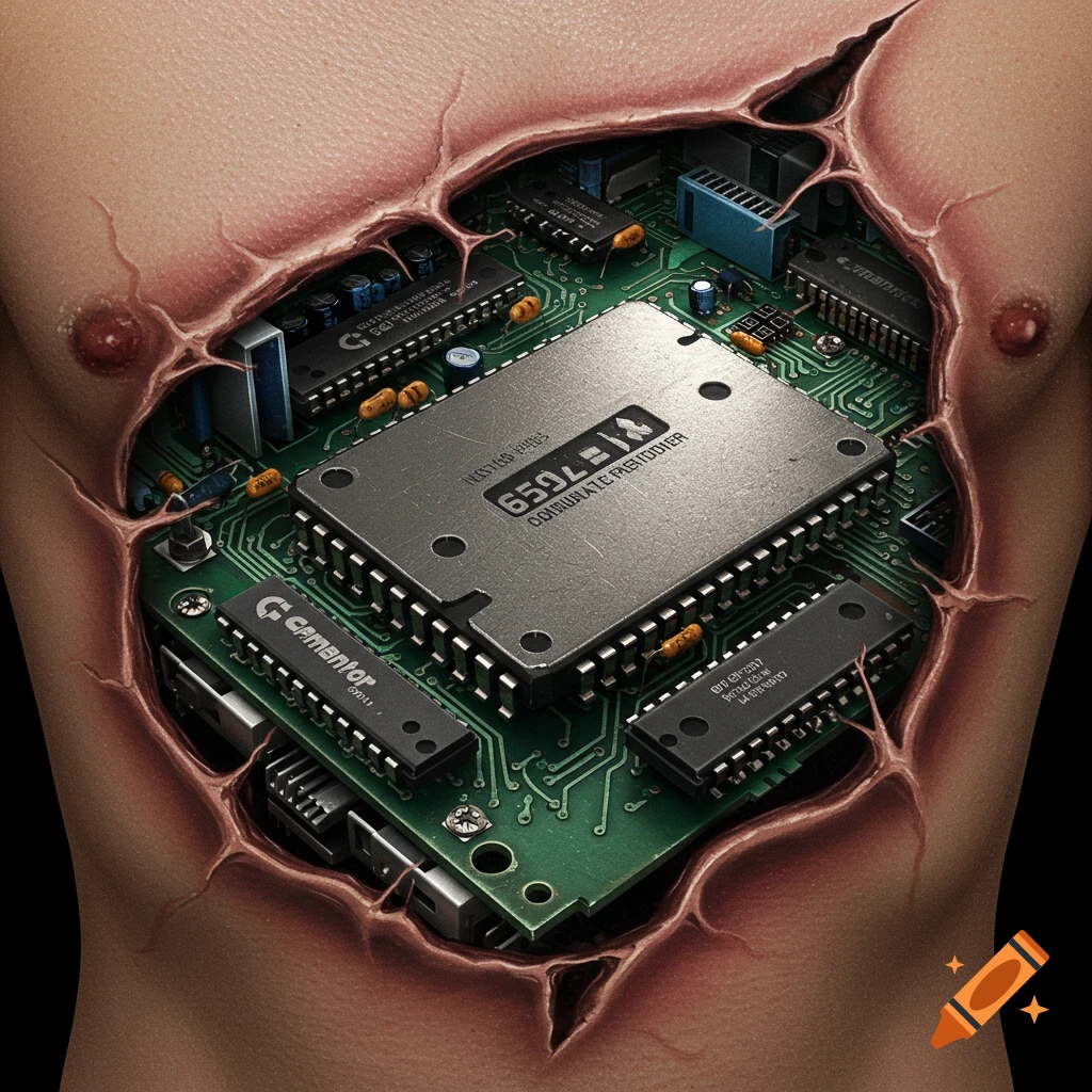 A close-up of a human torso with ripped skin, revealing a computer motherboard and chips, including a 6502 processor and Commodore branding, integrated within the chest.