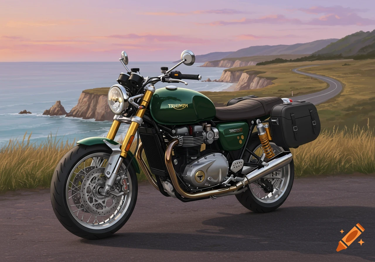 A green Triumph Thruxton motorcycle with gold accents and hard bags parked on a coastal road at sunset.