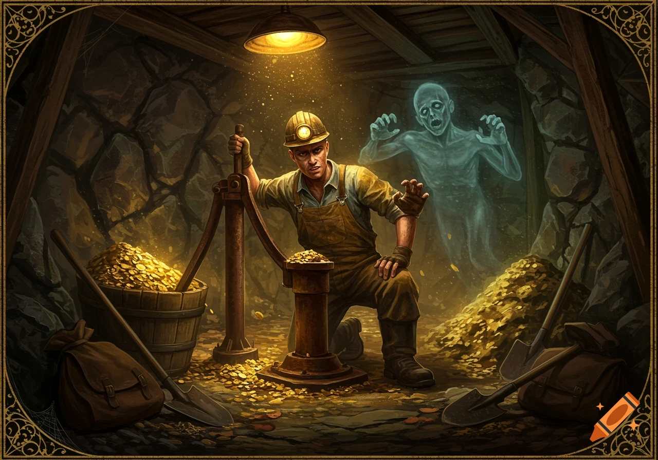 A miner in a dimly lit gold mine stares at a pile of gold, startled by a ghostly apparition floating behind him. Fantasy art.
