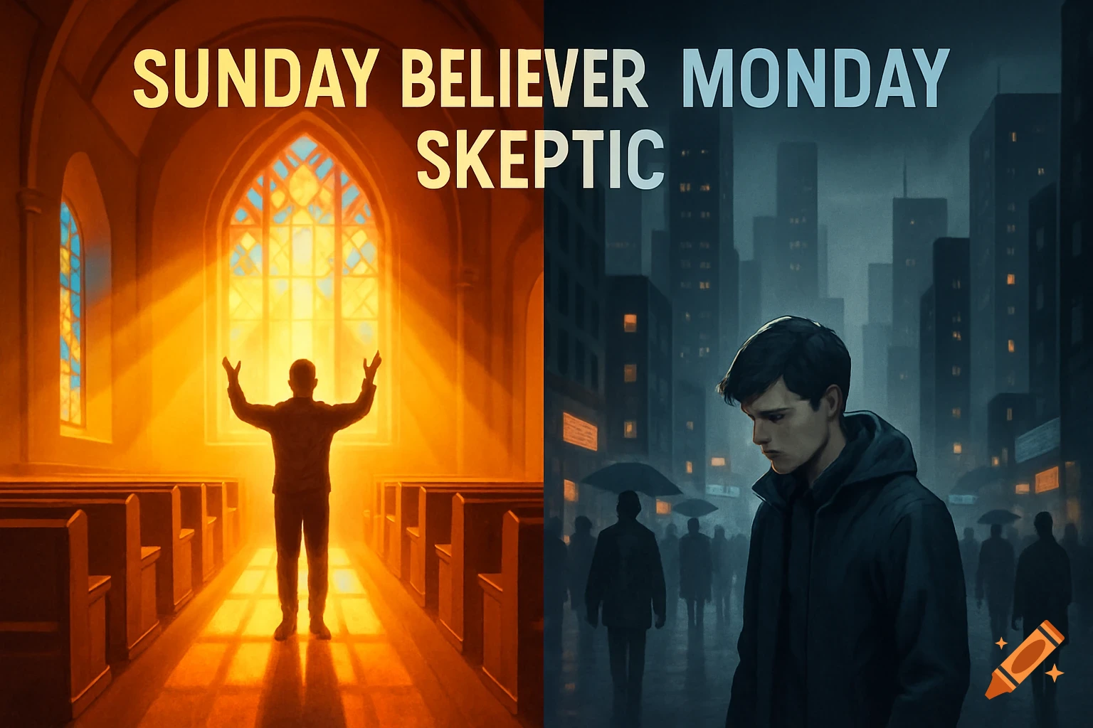 A split image contrasting two scenes: on the left, a man with raised arms in a brightly lit church under 'SUNDAY BELIEVER'; on the right, a man in a dark, rainy city street under 'MONDAY SKEPTIC'.