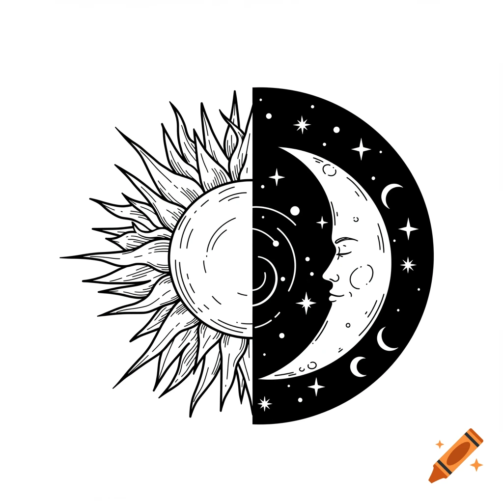 A black and white illustration of the sun and a crescent moon with a face, split down the middle.