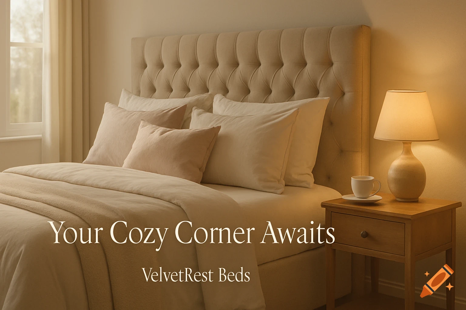 A cozy bedroom with a large beige tufted headboard bed, soft neutral-toned bedding, a wooden bedside table with a lit lamp and a white teacup, and a window with natural light. Text overlay says 'Your Cozy Corner Awaits' and 'VelvetRest Beds'. Photorealistic style.