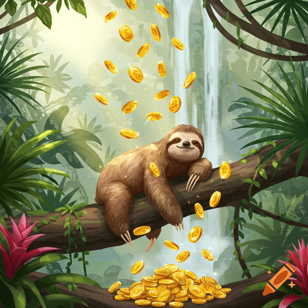 A happy cartoon sloth on a tree branch in a lush jungle, smiling as gold coins fall around it onto a pile below.