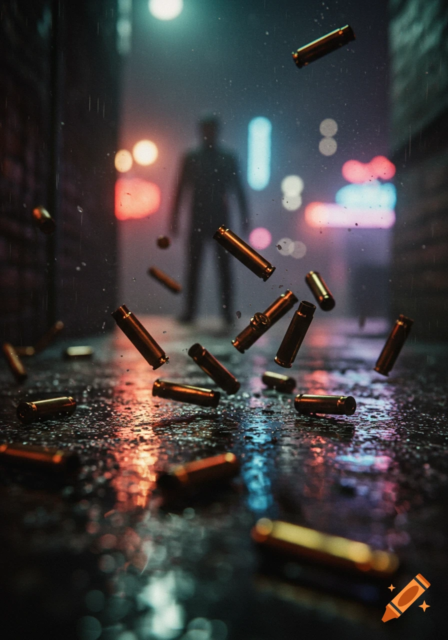 Empty bullet casings fall onto wet concrete in a rainy, neon-lit urban alley with a silhouetted figure.
