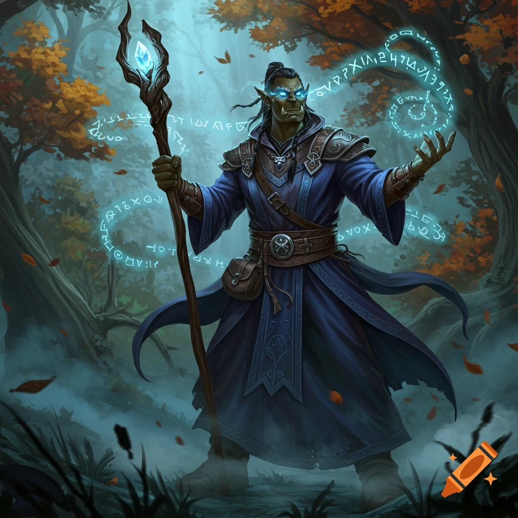 A half-orc male wizard with glowing eyes and runes, holding a crystal-topped staff in a misty forest.