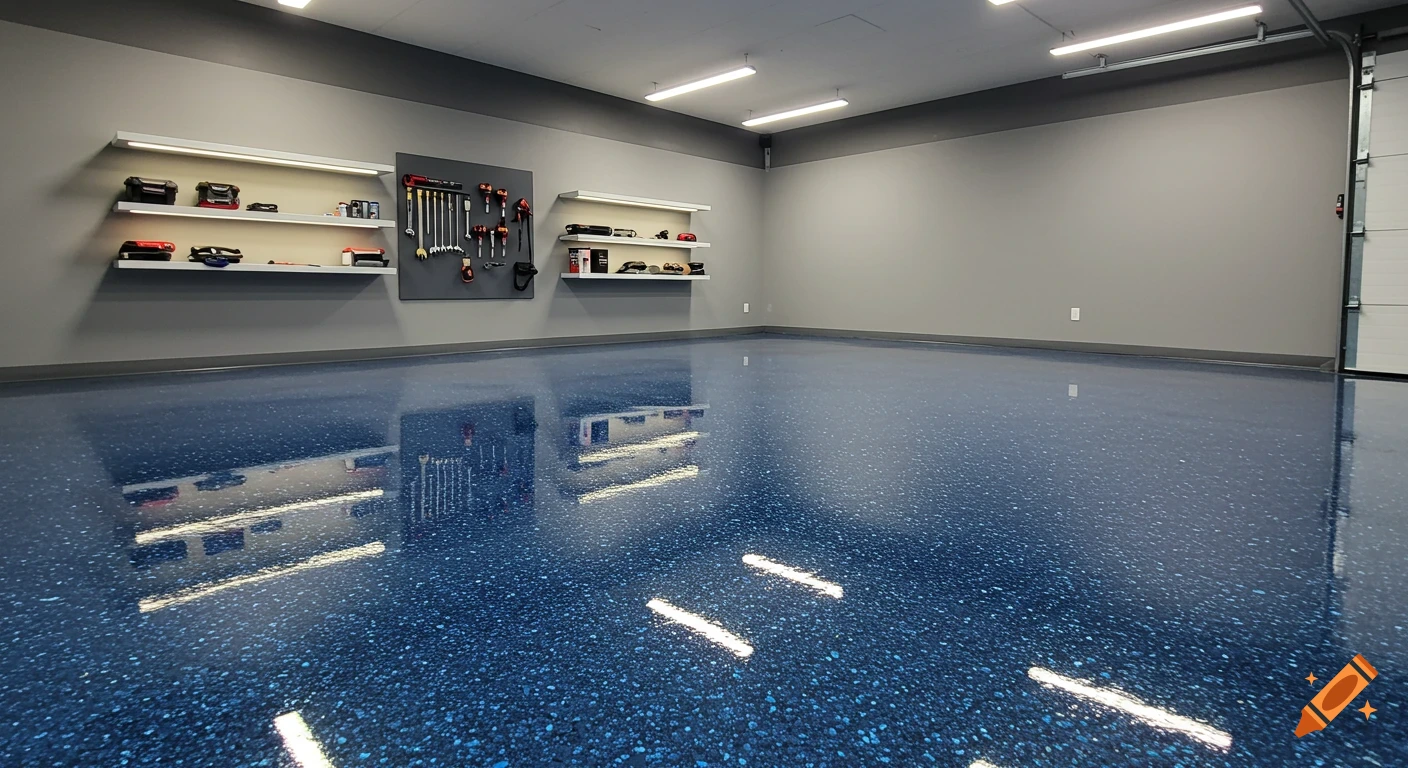 A modern, empty garage with gray walls, white shelves displaying tools, and a shiny, dark blue epoxy floor reflecting light.