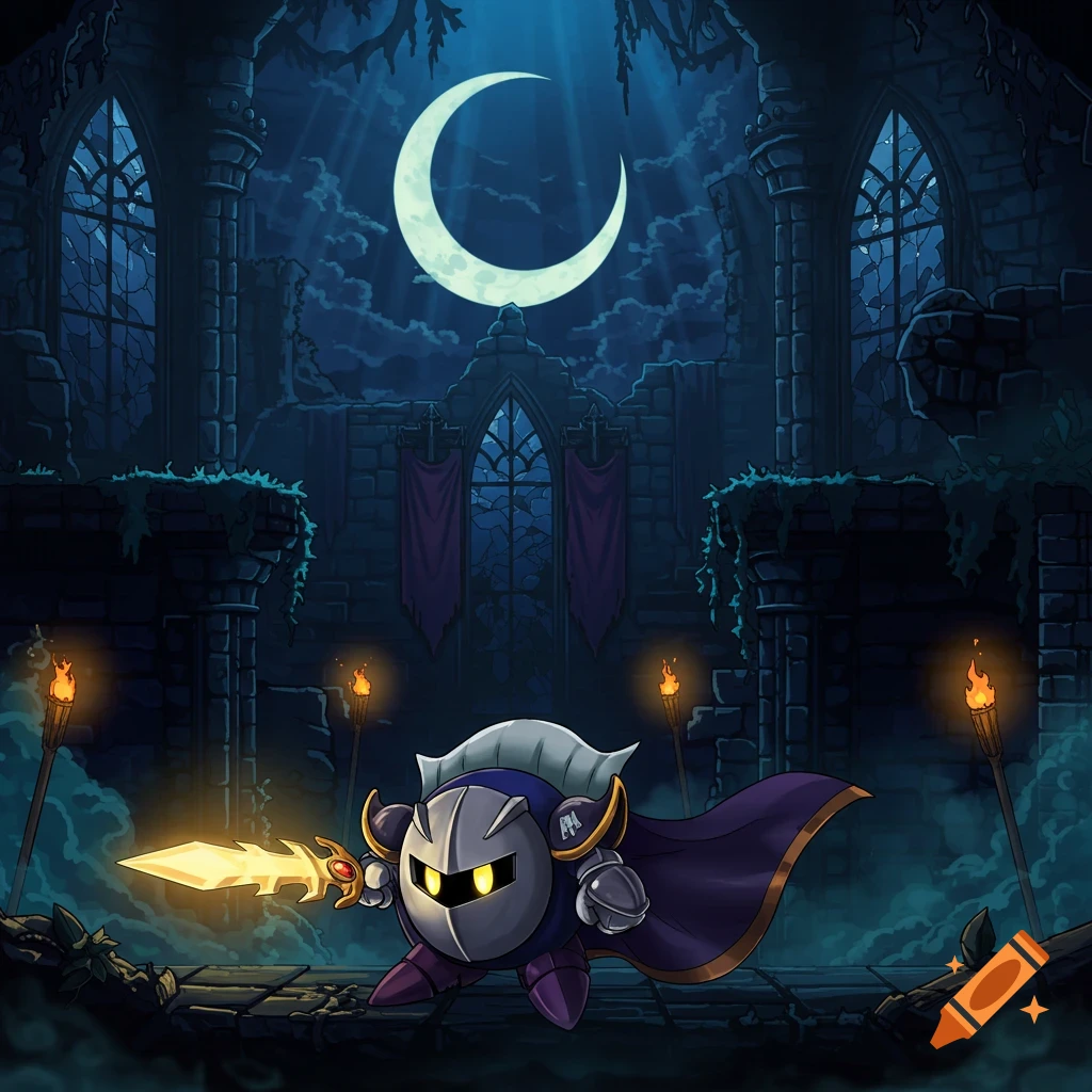 Meta Knight in a dark, ruined gothic castle under a crescent moon, holding a glowing sword, in a 2D game style.