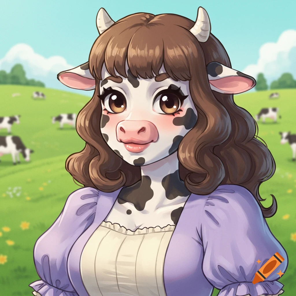 A cartoon humanoid cow character with brown hair, horns, and dark spots wears a purple dress while standing in a green field with other cows.