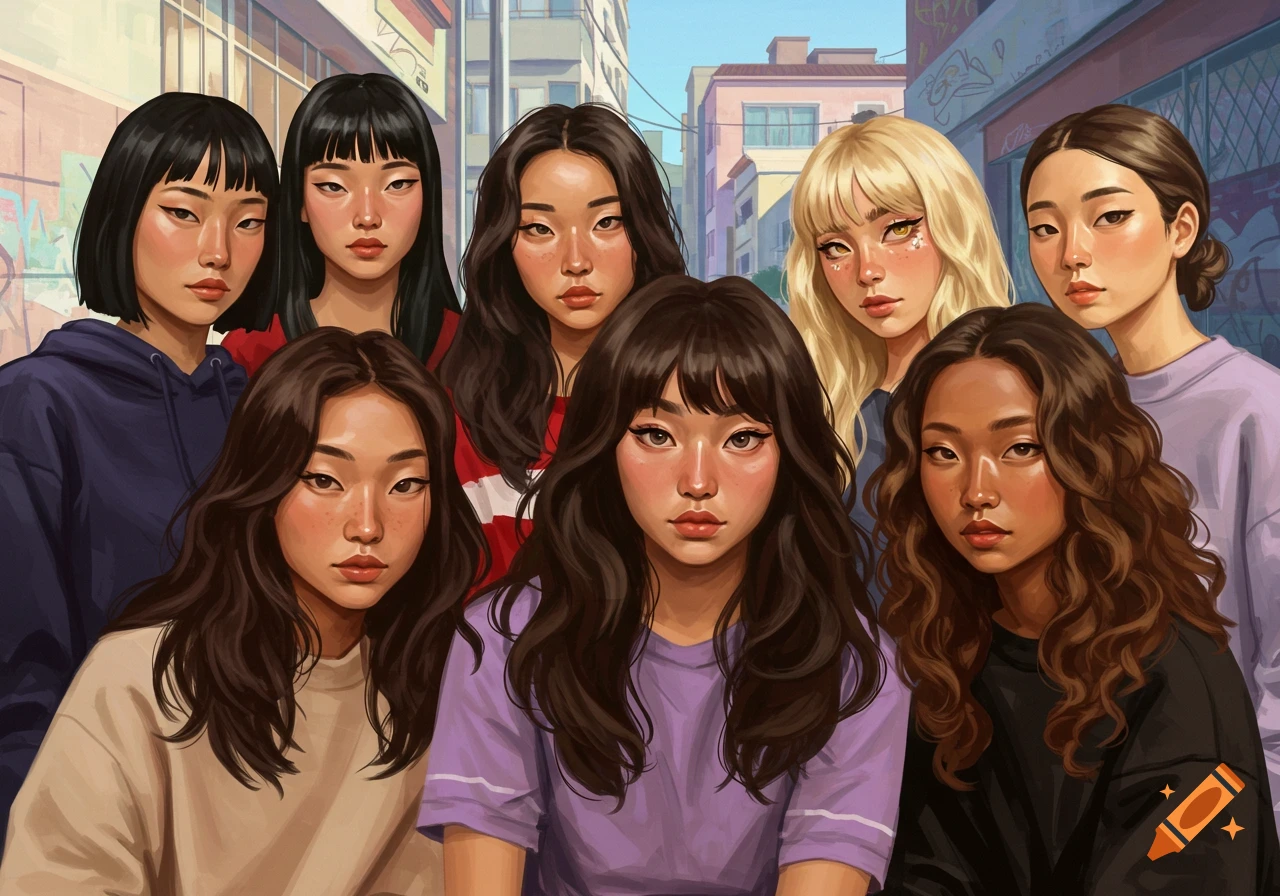 A group of eight young women with diverse hairstyles and clothing, looking directly at the viewer in an urban setting with buildings in the background. The art style is illustrative.