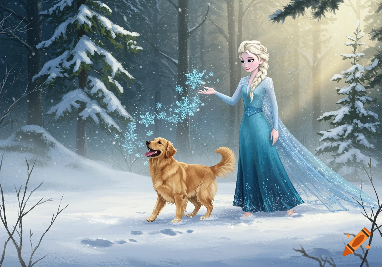 Elsa from Frozen generates snowflakes for a golden retriever in a snowy forest, animated style.