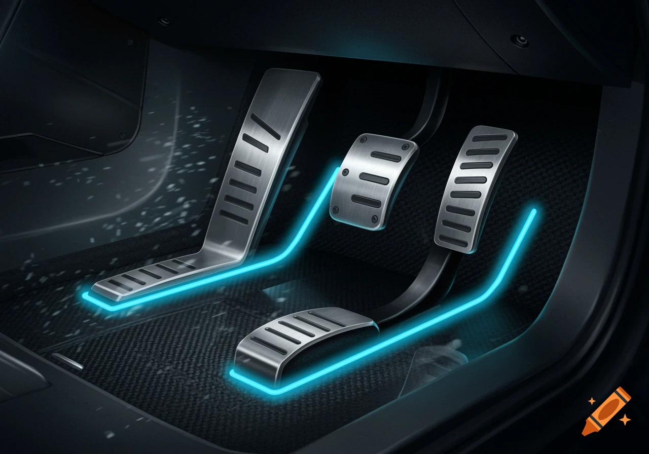 Close-up of three brushed metal car pedals with glowing blue outlines on a carbon fiber floor mat.