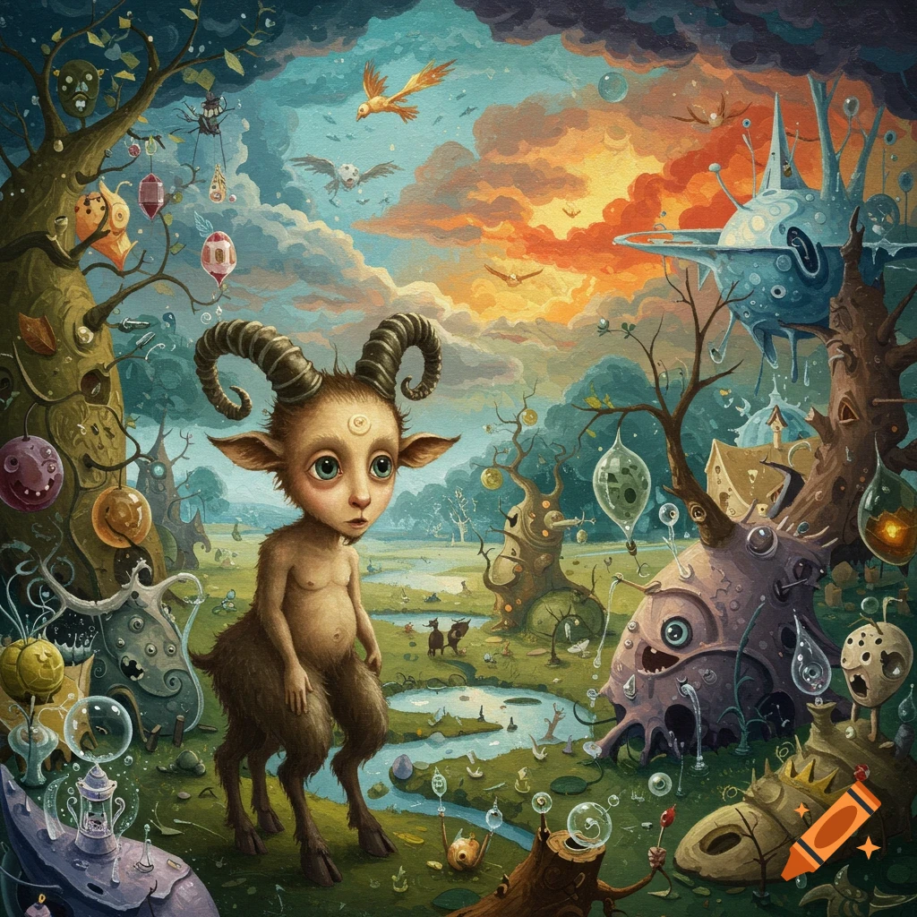 A surreal painting of a horned creature with large eyes in a fantastical landscape with strange trees, floating objects, and a vibrant sky.