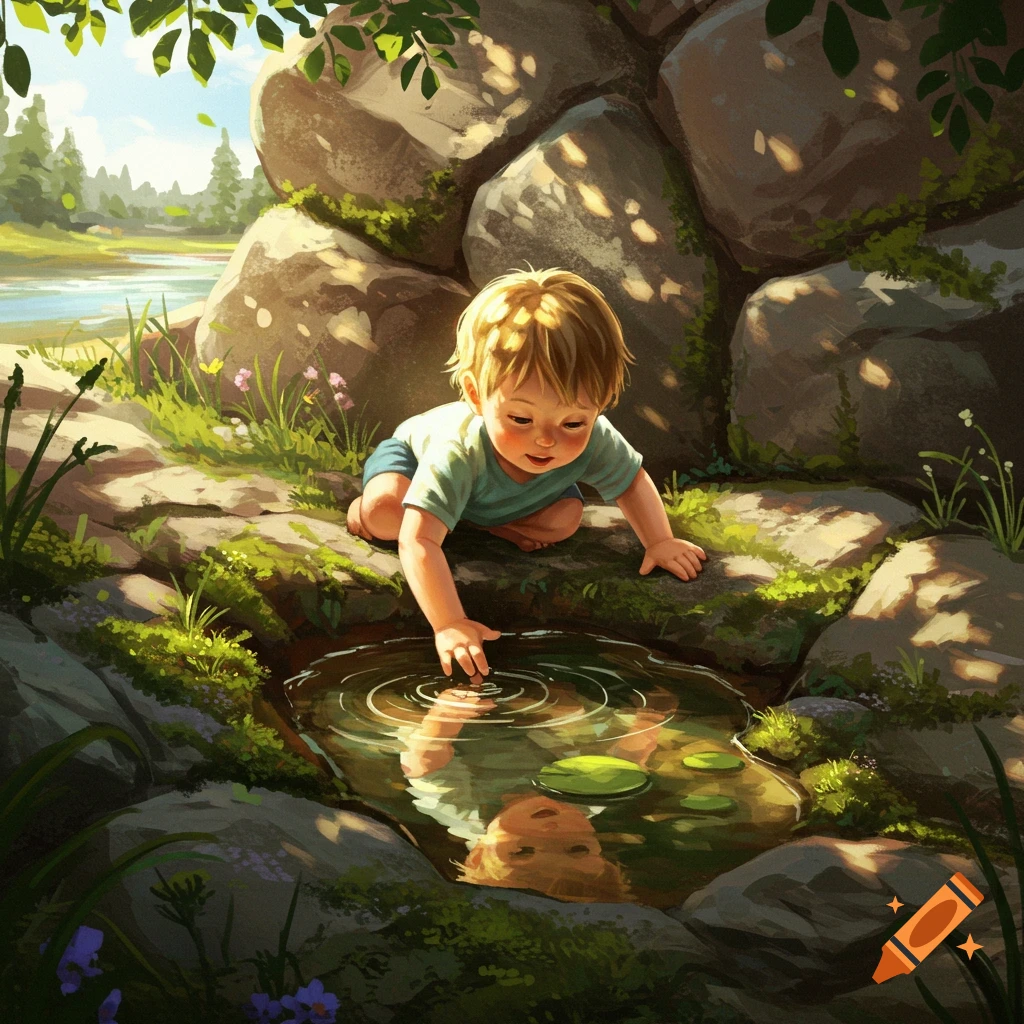 An illustration of a young child touching a puddle of water, looking at their reflection among rocks and plants.