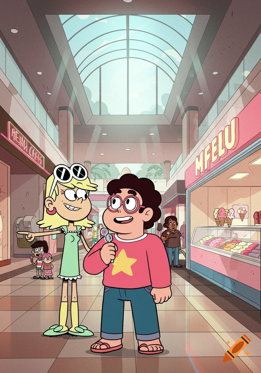 Cartoon of Leni Loud and Steven Universe at a bright mall, Leni points as Steven holds ice cream.