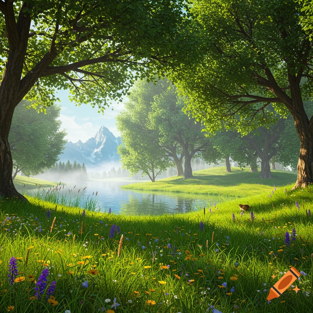 Photorealistic vibrant green meadow with wildflowers, a calm lake, lush trees, and misty mountains. A small animal is on the grass.