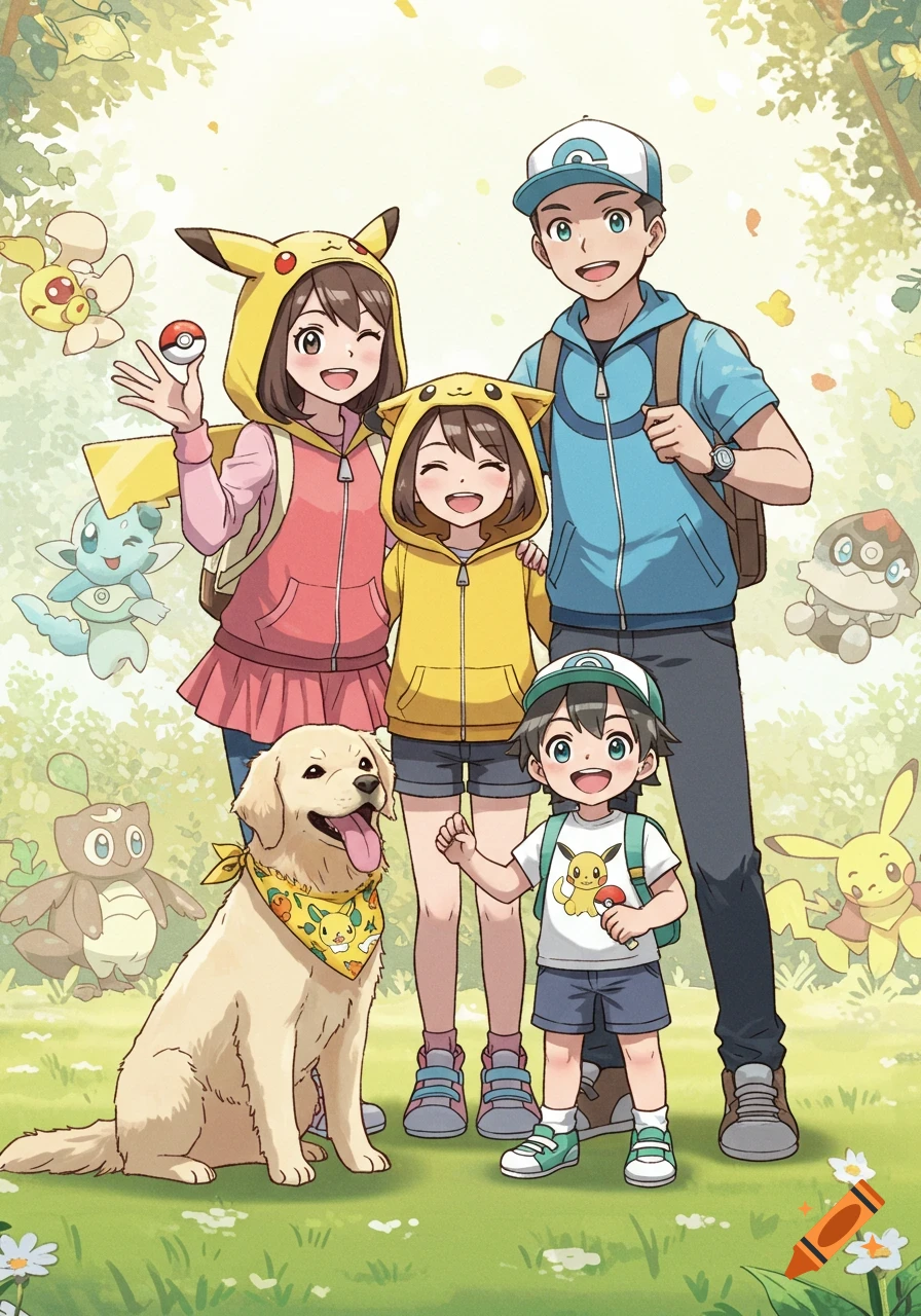 An anime-style illustration of a happy family, including a man, woman, two children, and a golden retriever dog, in a park surrounded by Pokemon characters.